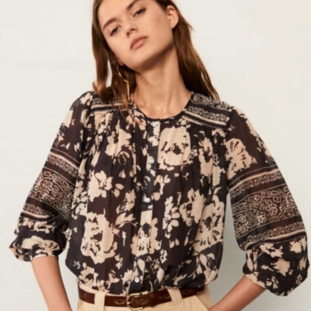Ba&sh, ba & sh, bash 100% cotton cream and black billowy floral button front top